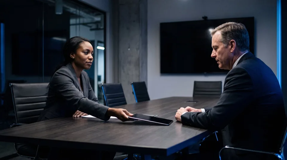 An agency director confidently presents a report to a skeptical executive in a modern boardroom.