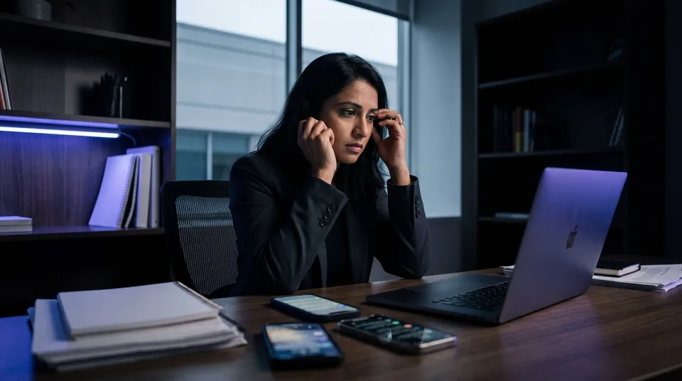 An agency founder looks stressed while handling multiple devices at her desk.