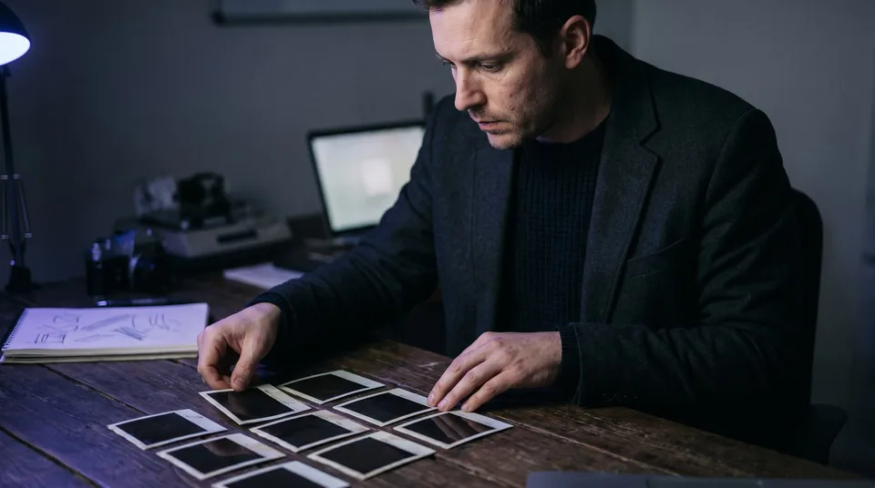 An art director arranges blank polaroid frames on a dark table to visualize a grid layout.