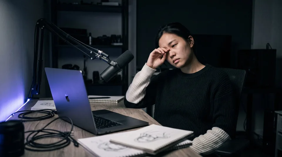 An exhausted creator rubs her temples while sitting at a desk with a microphone and laptop.