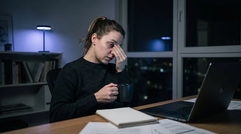 An exhausted young woman holding a coffee cup while staring at her laptop late at night.