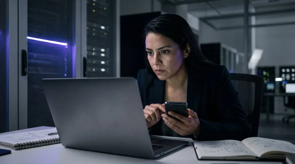 An IT administrator focused on a laptop and smartphone, authenticating secure connections.