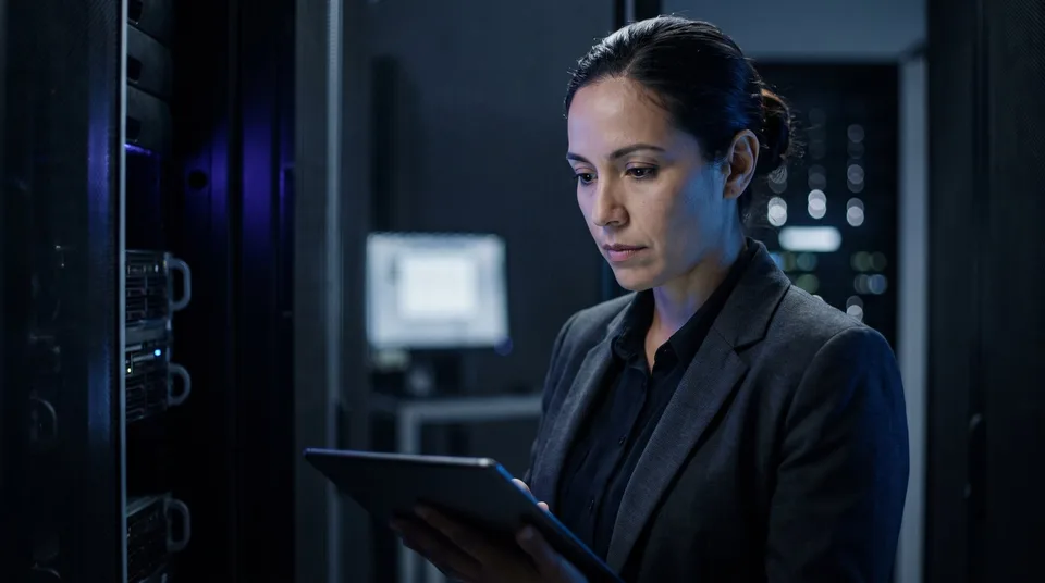 An IT administrator reviews security protocols in a modern tech office with cool blue lighting.