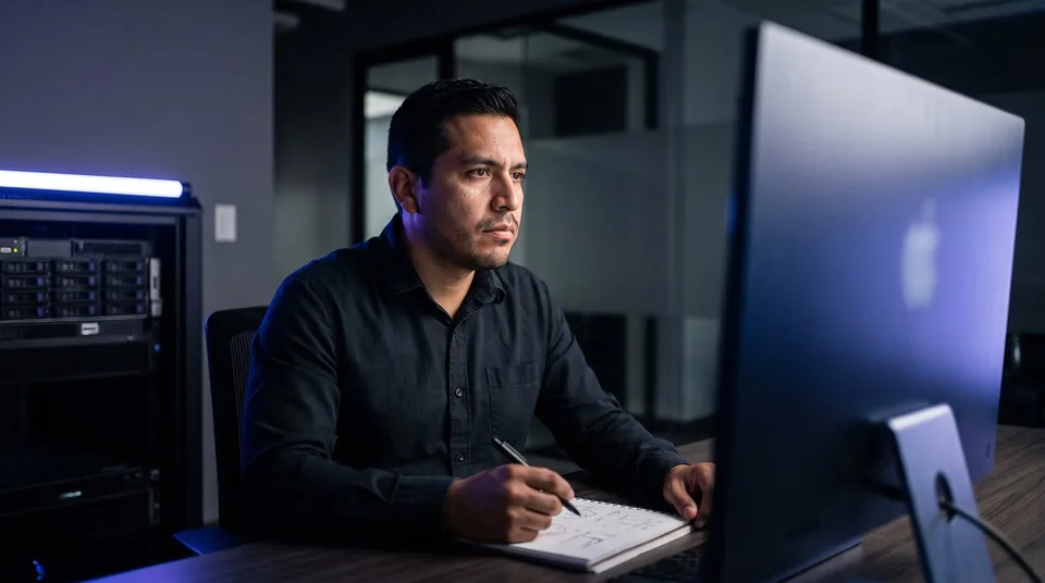 An IT administrator working securely at a sleek desk in a modern office.