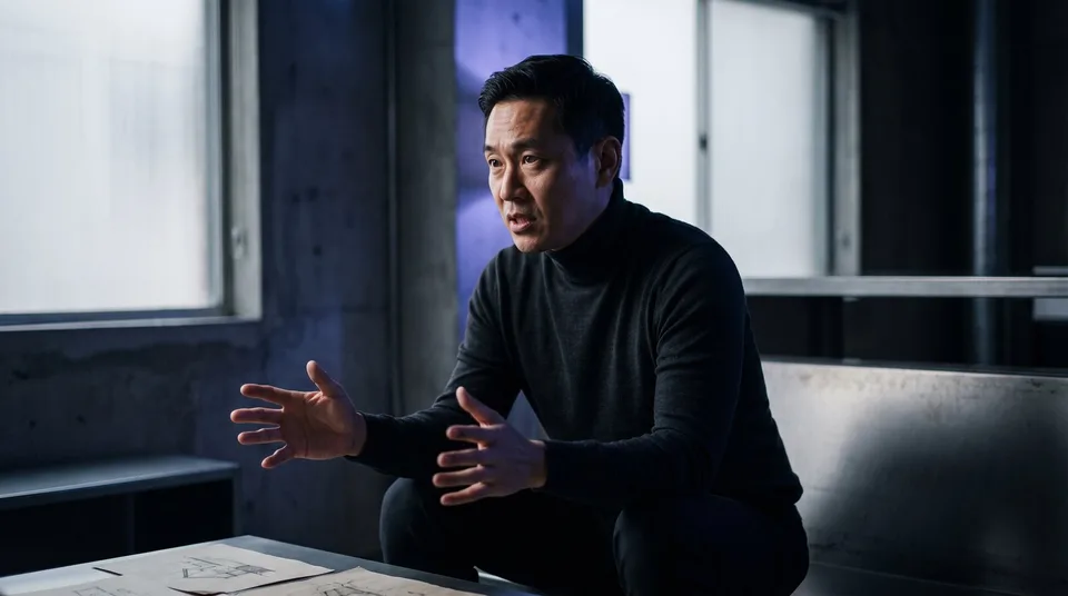 A man speaking passionately in a modern studio setting.