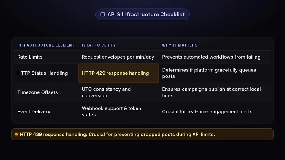 A table outlining infrastructure elements to verify, such as rate limits and event delivery.