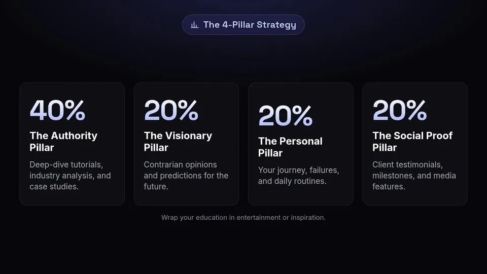 Breakdown of the 4-Pillar Strategy: 40% Authority, 20% Visionary, 20% Personal, and 20% Social Proof.