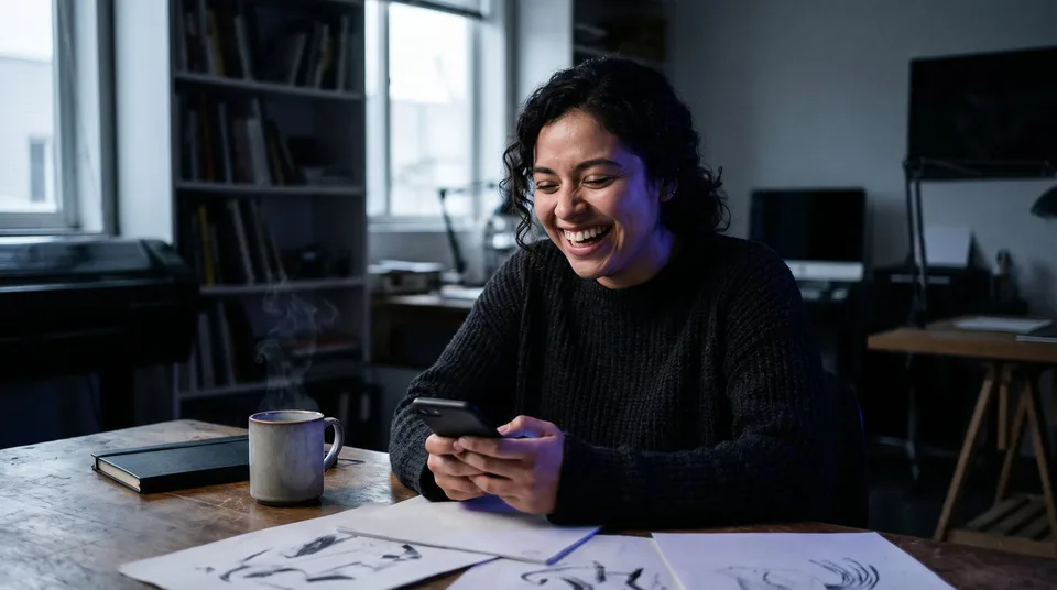 A woman laughing while engaging on her smartphone in a cozy studio setting.