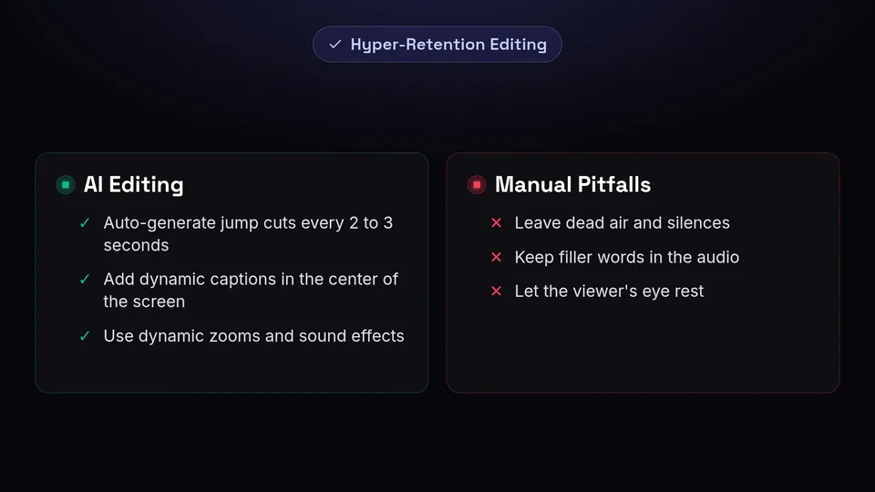 Checklist comparing AI editing techniques like 2-second jump cuts against manual pitfalls like leaving dead air.