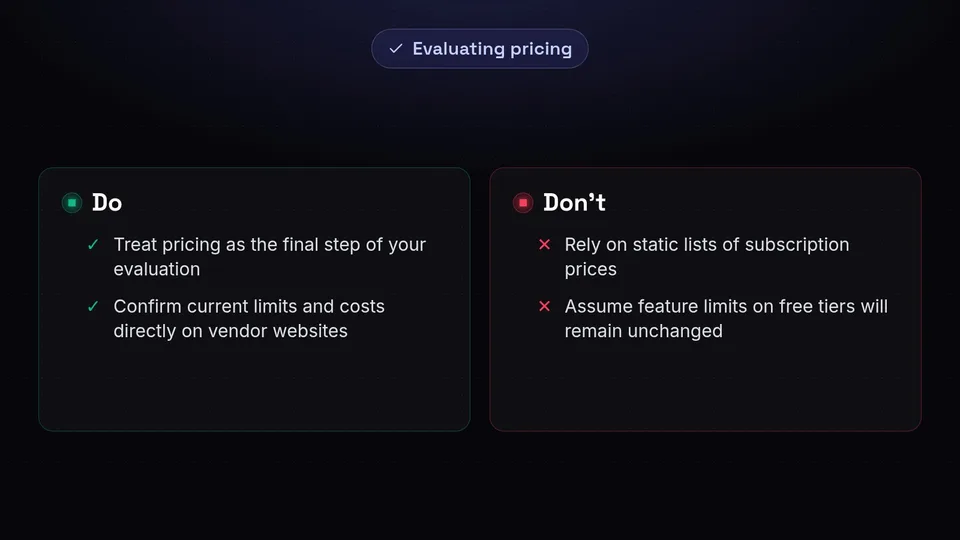 Checklist for pricing: treat pricing as the final step and confirm costs directly, don't rely on static lists.