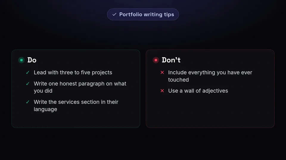 Checklist of dos and don'ts for writing a portfolio, emphasizing a few projects and clear language.
