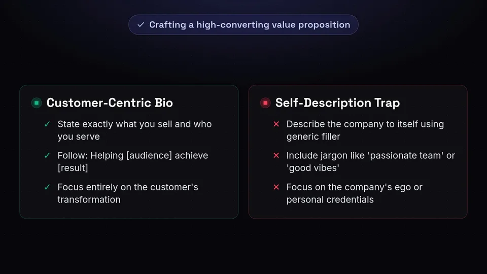 Checklist of dos and don'ts for writing an Instagram bio value proposition.