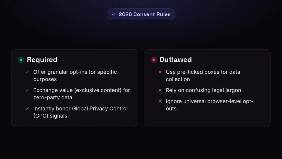 Checklist of required and outlawed consent practices under 2026 data privacy regulations.