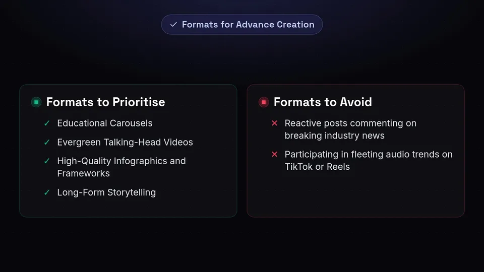 Checklist prioritizing educational carousels and evergreen videos over reactive news and fleeting audio trends.