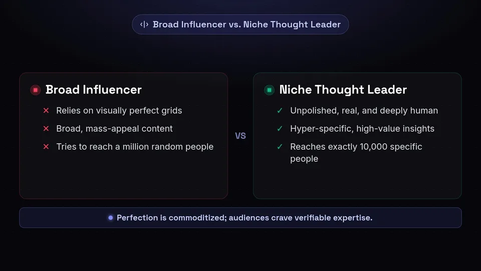 Comparison between a Broad Influencer and a Niche Thought Leader, highlighting the shift toward hyper-specific insights.