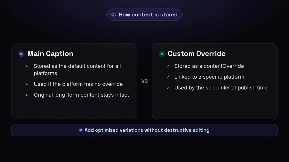 Comparison between how the main caption and custom overrides are stored and prioritized.