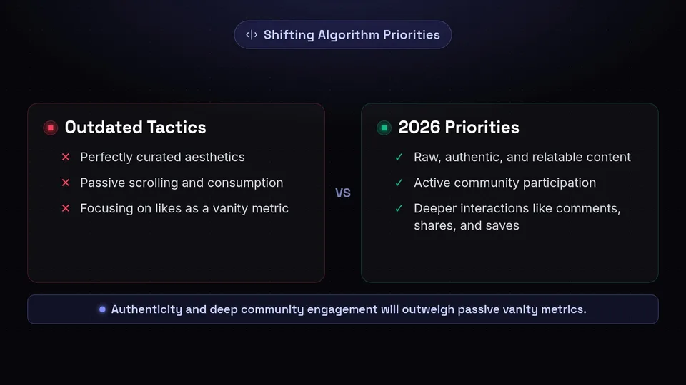 Comparison chart showing outdated Instagram tactics versus 2026 algorithm priorities like authenticity and deep interactions.