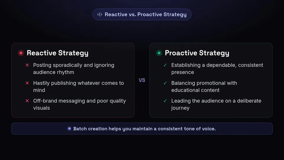 Comparison chart showing the differences between reactive and proactive social media strategies.