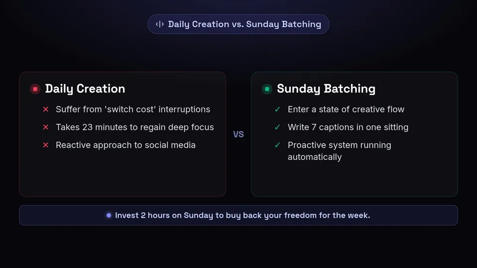 Comparison chart showing the drawbacks of daily creation versus the benefits of Sunday batching.