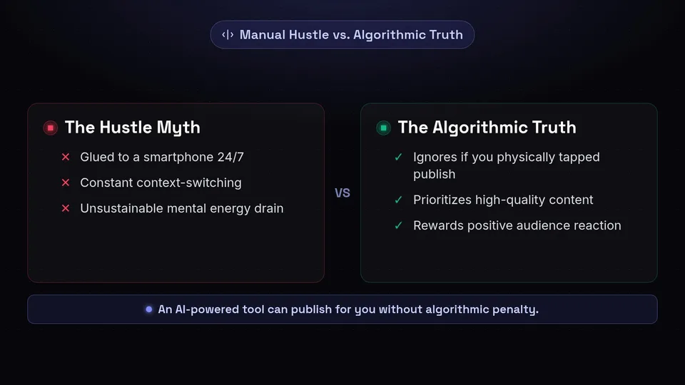 Comparison chart showing the myth of 24/7 hustle versus the truth of what social media algorithms actually value.