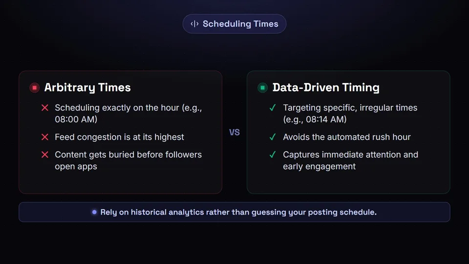 Comparison of arbitrary top-of-the-hour scheduling versus data-driven irregular posting times.