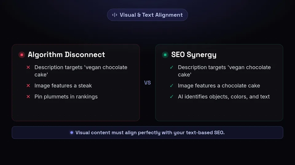 Comparison showing how Pinterest AI flags a disconnect if a vegan cake description is paired with a steak image.