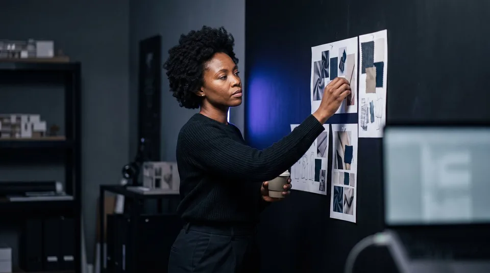 Creative director thoughtfully reviewing campaign concepts on a dark studio wall.