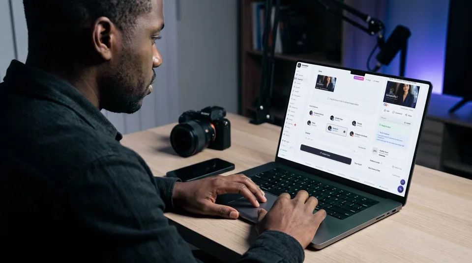 A creator choosing social accounts in the SchedulifyX post composer on a laptop
