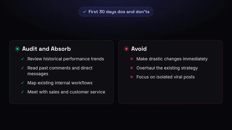 Dos and don'ts for the first 30 days, focusing on observation over immediate overhauls.