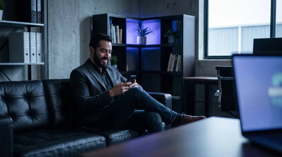 A relaxed man sitting on a leather couch in a dark workspace, smiling at his smartphone.