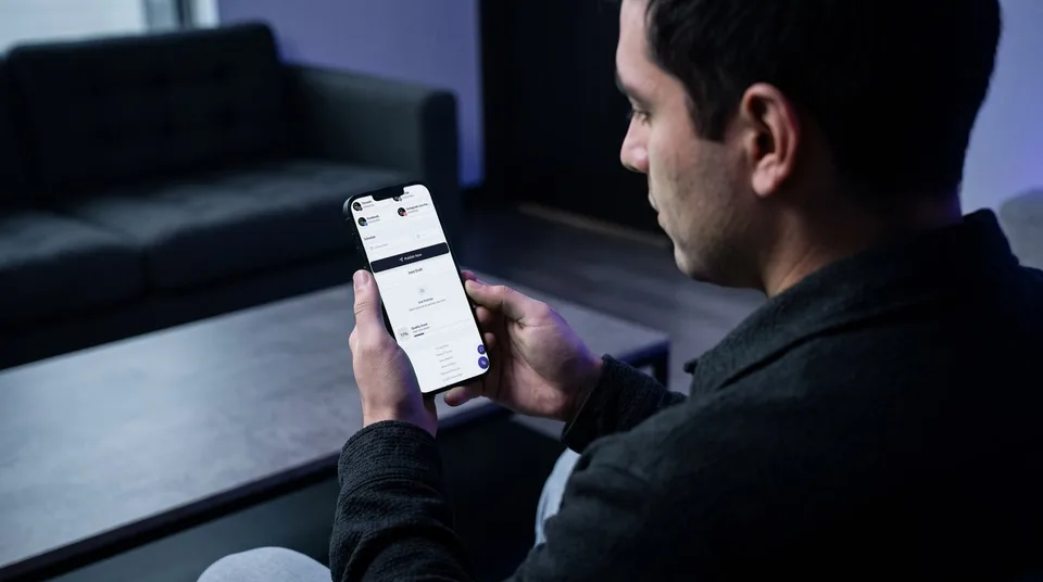 A person using the mobile composer on a smartphone in a dark-toned lounge.