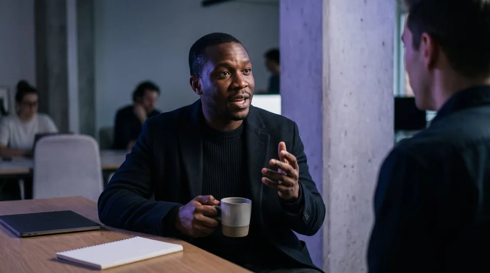 A brand strategist passionately discussing ideas, representing the human element in content creation.
