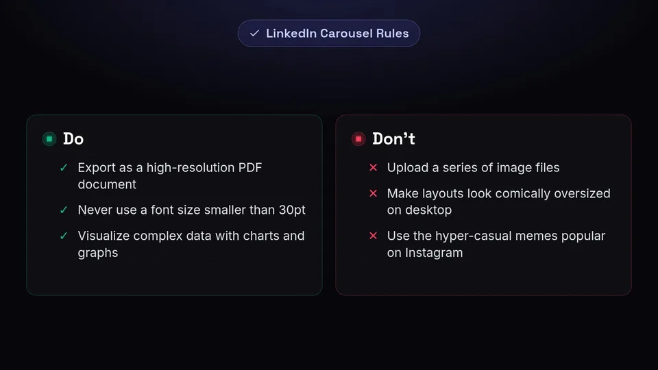 Do and don't checklist for LinkedIn carousels, highlighting PDF exports and minimum font sizes.