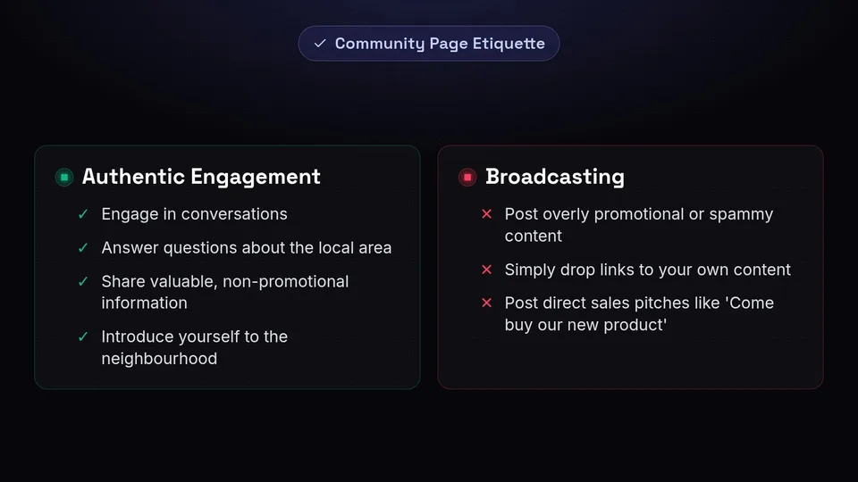 Dos and don'ts checklist for engaging authentically in local community pages.