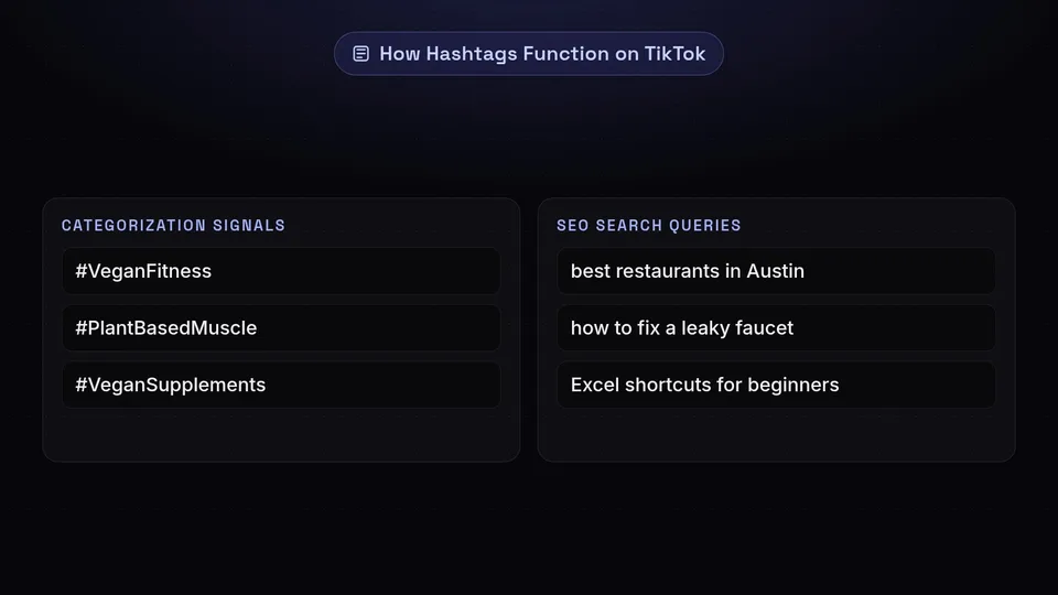 Examples of niche categorization hashtags and common TikTok search queries.