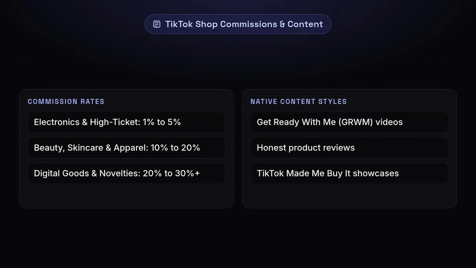 Examples of TikTok Shop commission rates by category and native content styles like GRWM.