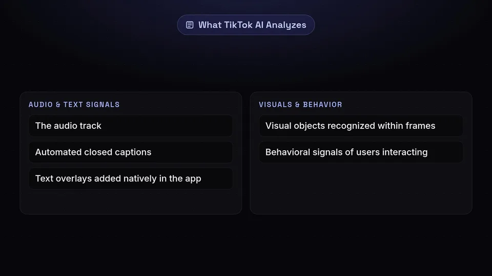 Examples of what the TikTok AI analyzes, including audio, captions, and visuals.