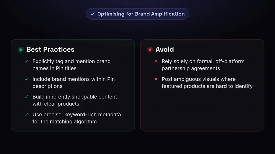 A checklist for creators to optimise Pins for brand amplification, including tagging brands and shoppable content.
