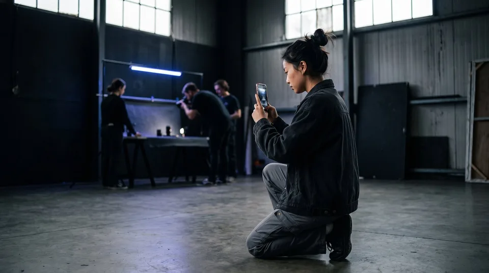 A woman taking a behind-the-scenes photo with her smartphone in a modern warehouse.