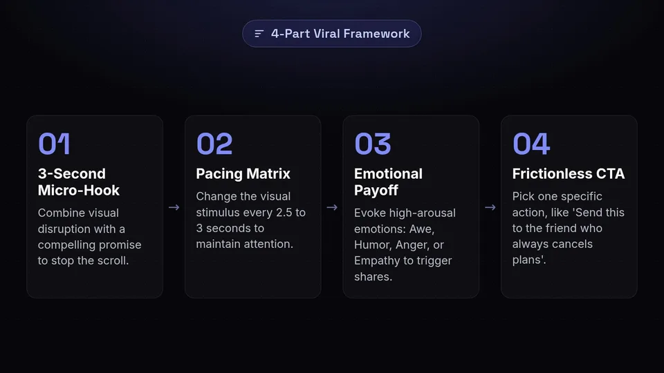 Four steps to a viral post: micro-hook, pacing matrix, emotional payoff, and frictionless CTA.