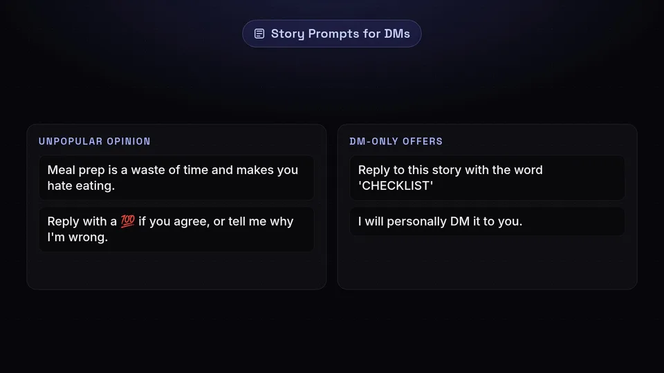Examples of story prompts that drive DMs, including unpopular opinions, fill-in-the-blank templates, and exclusive DM-only offers.