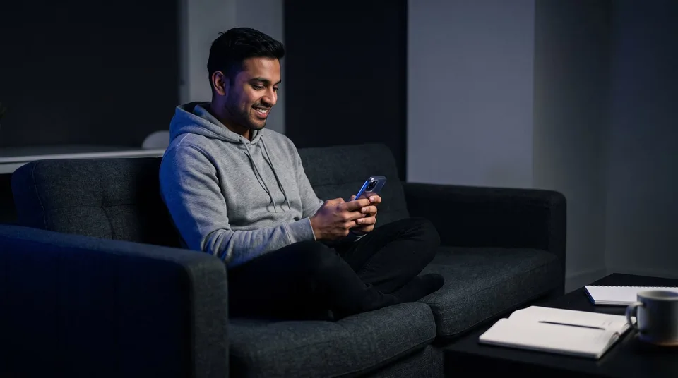 A man reviewing a horizontal carousel of social media posts on his smartphone.