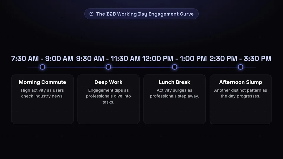 A timeline showing engagement spikes during the typical B2B working day.