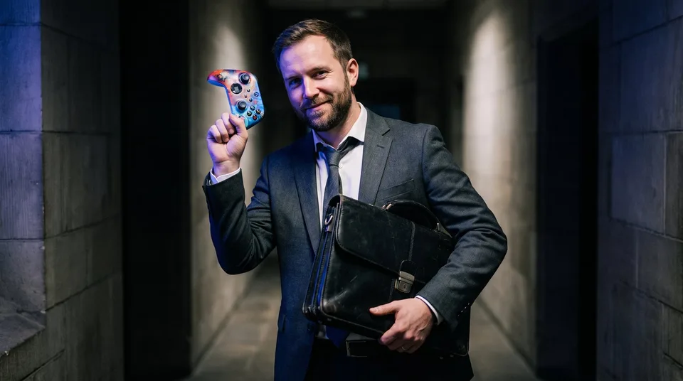 A suited man holding a gaming controller and a briefcase, representing contrasting digital identities.