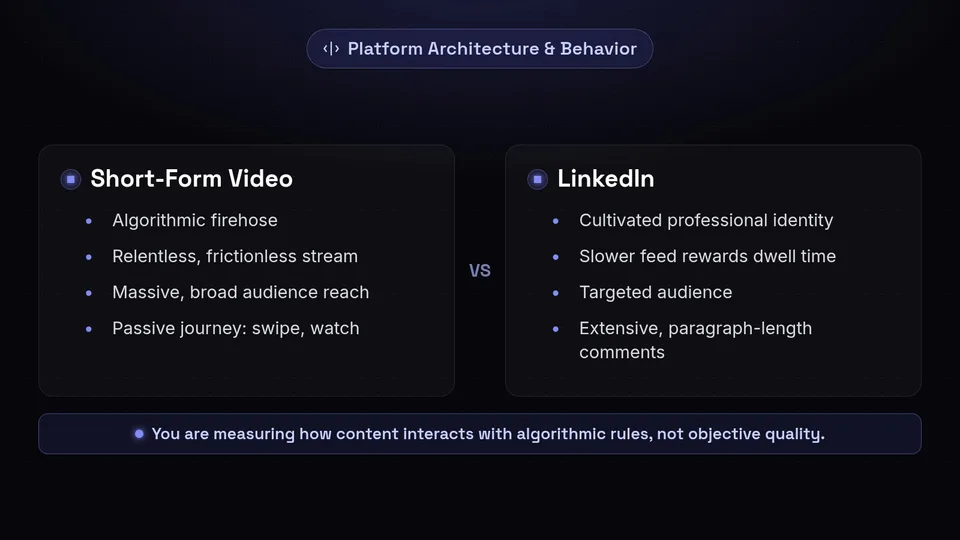 Comparison between the passive swiping of short-form video and active networking on LinkedIn.