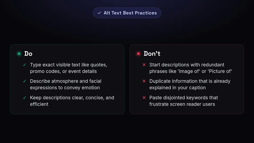 A checklist of dos and don'ts for writing accessible social media alt text.