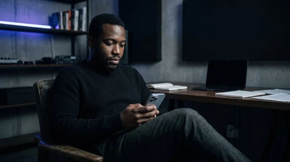A male creator looking thoughtfully at his smartphone in a modern studio.