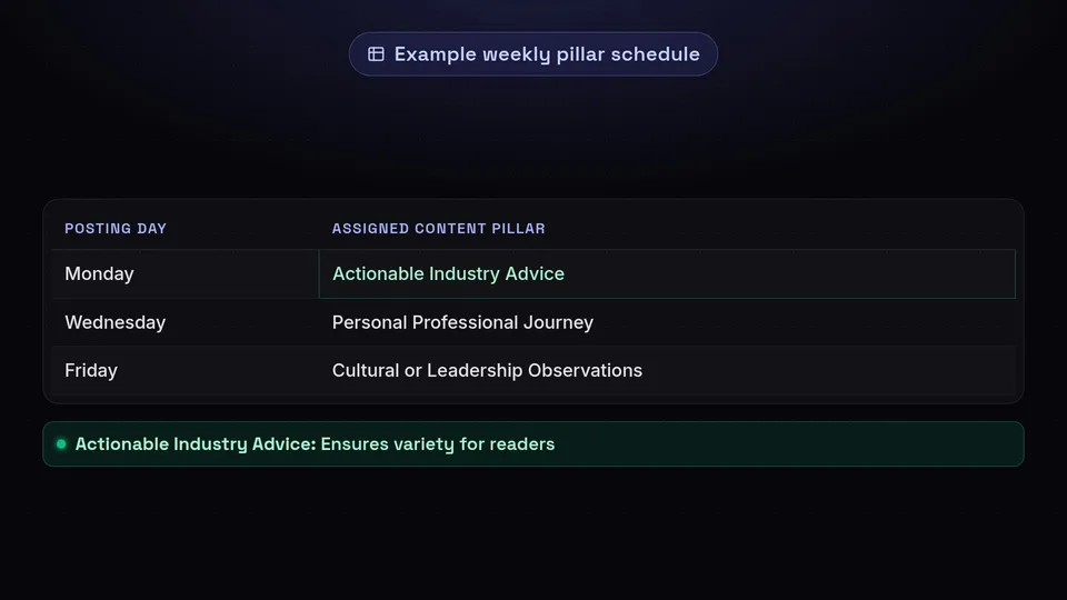 A table mapping Monday, Wednesday, and Friday to specific content pillars.