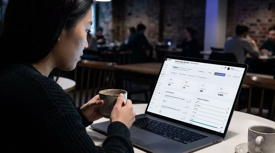 A woman at a cozy cafe reviews an analytics dashboard on her laptop to audit post formats.