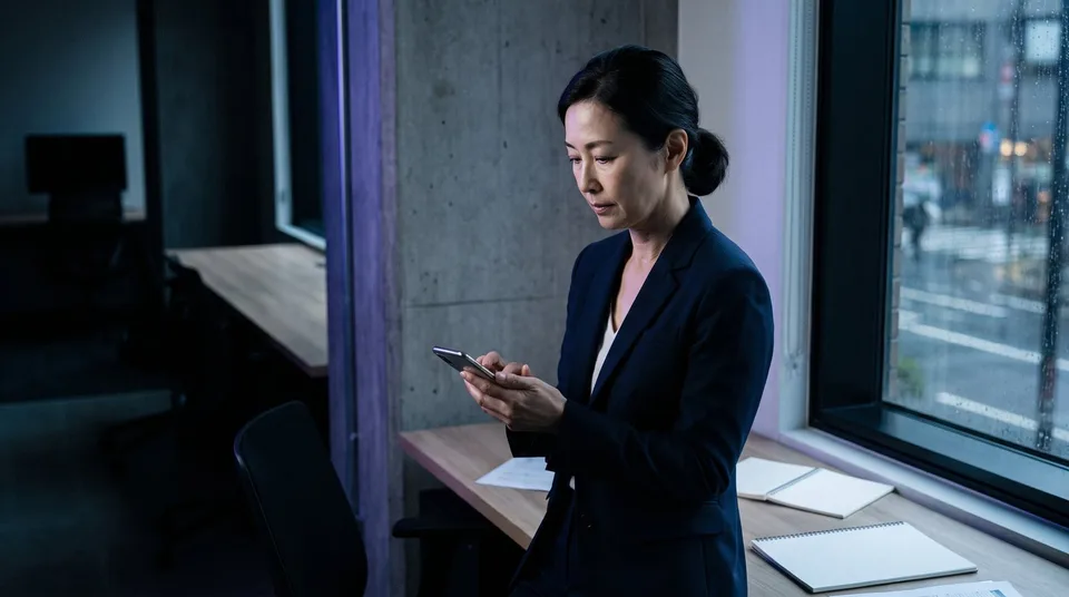 A focused marketer analyzing content on a smartphone in a modern dark-toned office.